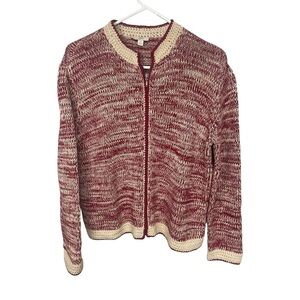 J. Jill Red Cream Marled Cotton Zip Front Cardigan Small